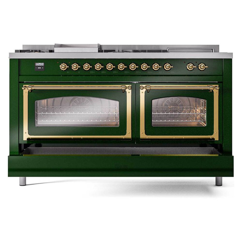 ILVE Nostalgie II Noblesse 60 in Dual Fuel Range 7 Burner, Griddle, Frenchtop, Natural Gas, Emerald Green/Brass
