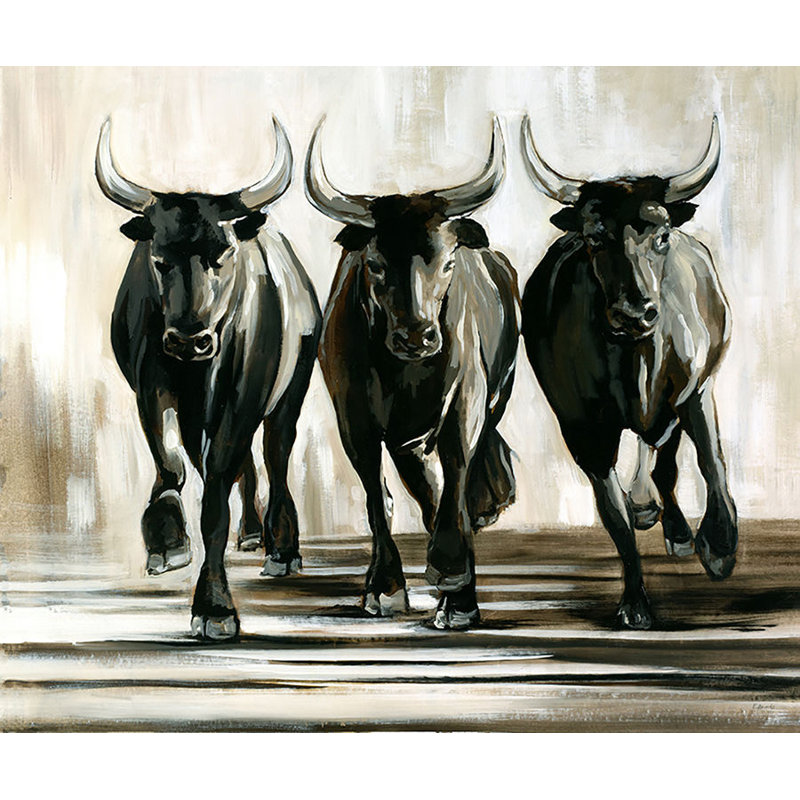«Run Bulls» - peinture sur toile tendue, H 36 po x l 43 po x P 1,5 po, Image au pinceau gel