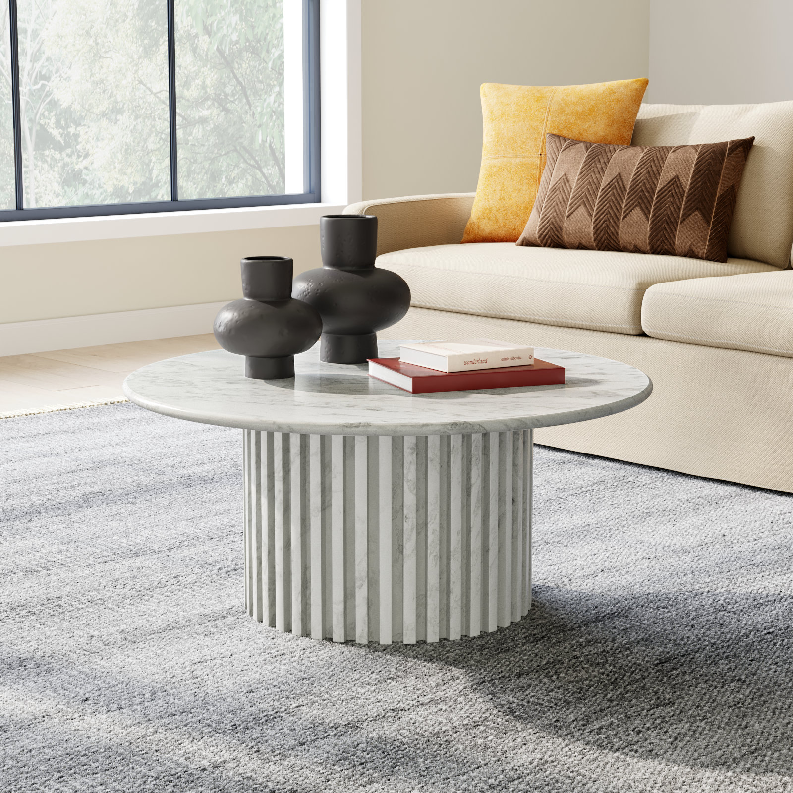 Genoa 36" Genuine Marble Coffee Table, White Marble