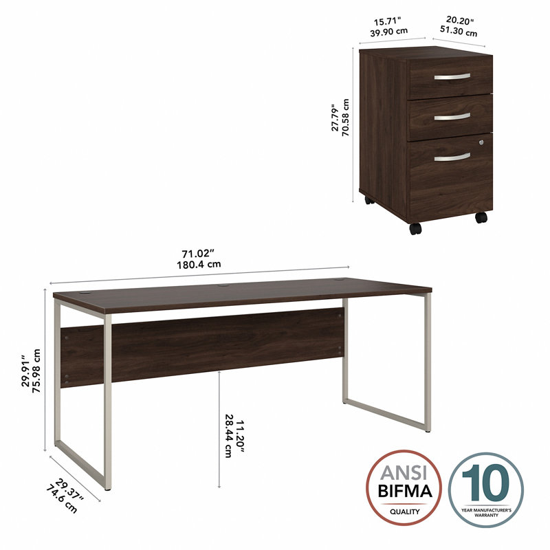 Bureau et piédestal mobile à 3 tiroirs, H 29,91 po x l 71,02 po x P 35,43 po, Noyer