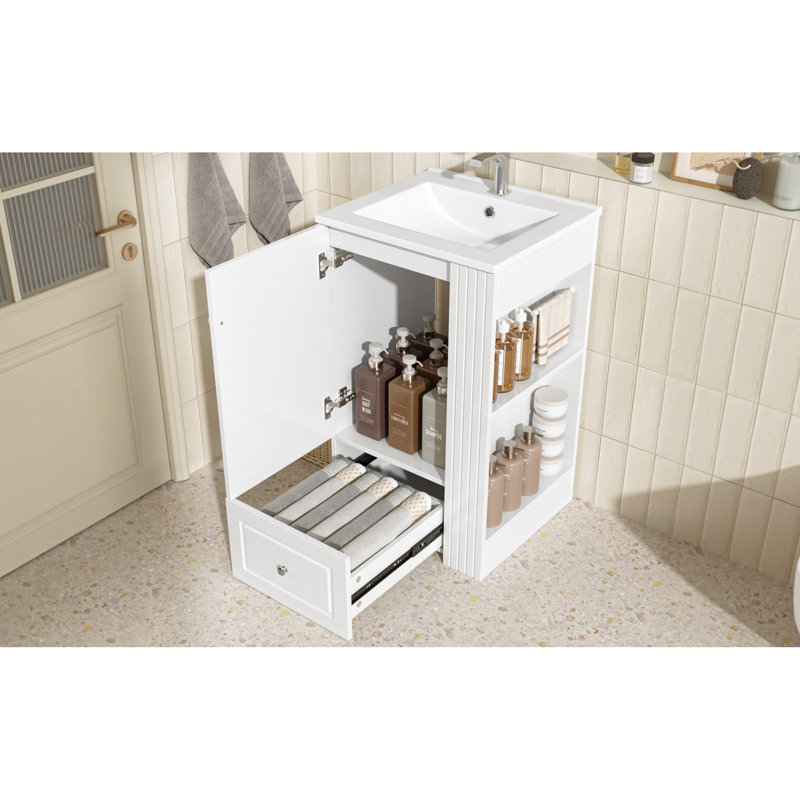 Meuble-lavabo moderne avec évier en céramique, rangement en MDF, tiroir à fermeture en douceur