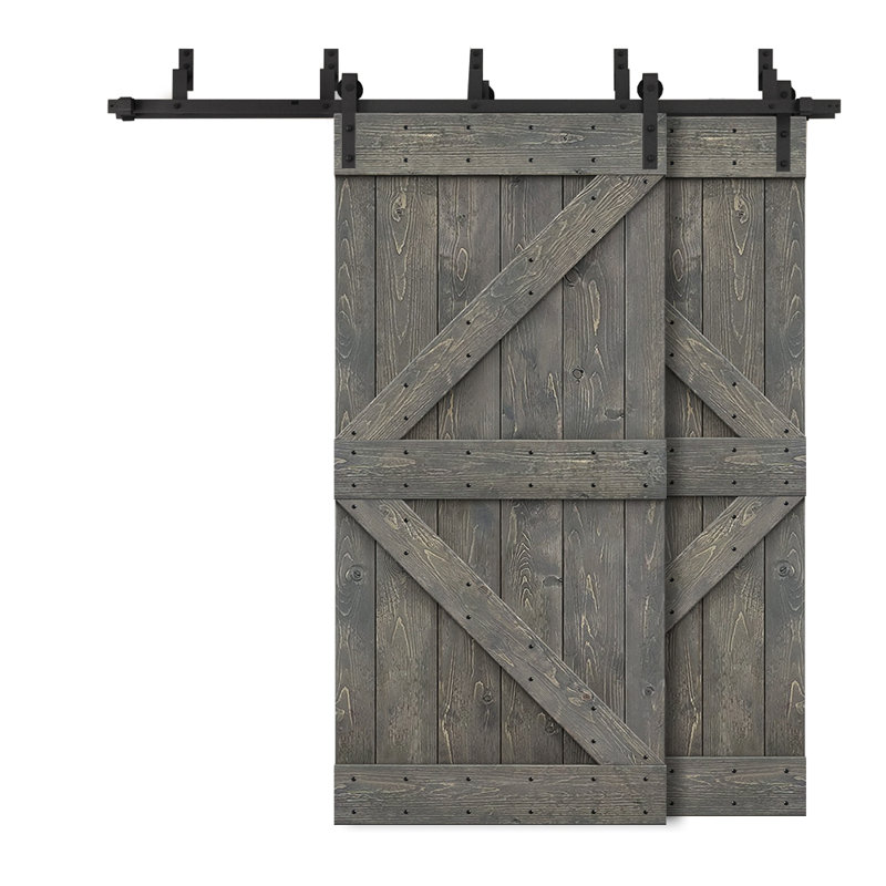 Porte de grange à panneaux et en bois avec quincaillerie d'installation, 40 po x 84 po, Gris patiné