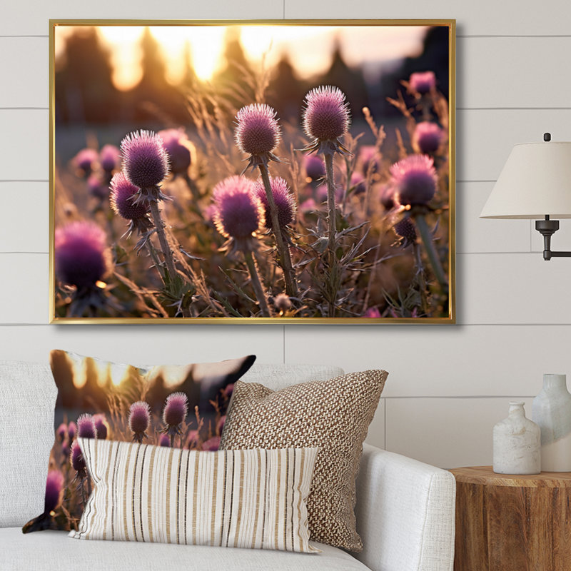" Purple Green Thistle Whispers Plant II ", 34" H x 44" W x 1.5" D, Gold Floater Framed