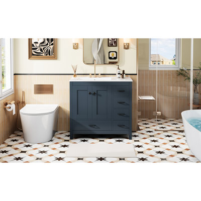 Meuble-lavabo bleu 36 po avec lavabo en céramique, 2 portes d'armoire à fermeture en douceur, 5 tiroirs, meuble contemporain de 36 po avec amplement d'espace de comptoir pour les produits de beauté