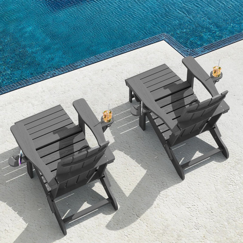 Fauteuil Adirondack pliant inclinable avec foyer et repose-pieds coulissant en PEHD (lot de 2), Gris, 2