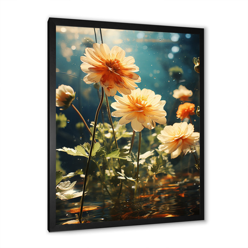 Fleurs de Zinnias jaunes et vertes II, Cadre simple noir, H 20 po x l 12 po x P 1 po