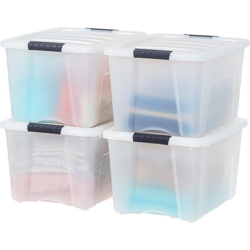 40 QT Plastic Storage Box With Lid And Latches - 4 Pack - BPA-Free, Discreet Organizing Solution, Durable Nestable Stackable Containers, Secure Pull Handle