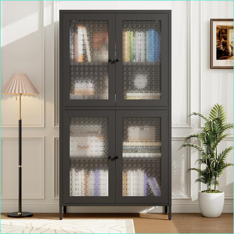 Cabinets, Traditional Black Steel Storage Cabinet with 4 Glass Doors, Adjustable Shelves - 31.5"W x 12.6"D x 59"H | Traditional | Kitchen