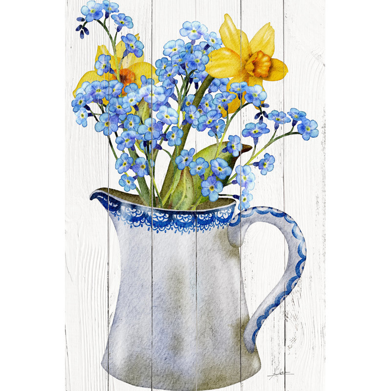 Forget-Me-Not et bouquet de jonquille dans un pichet rétro - art mural aquarelle floral, H 16 po x l 12 po