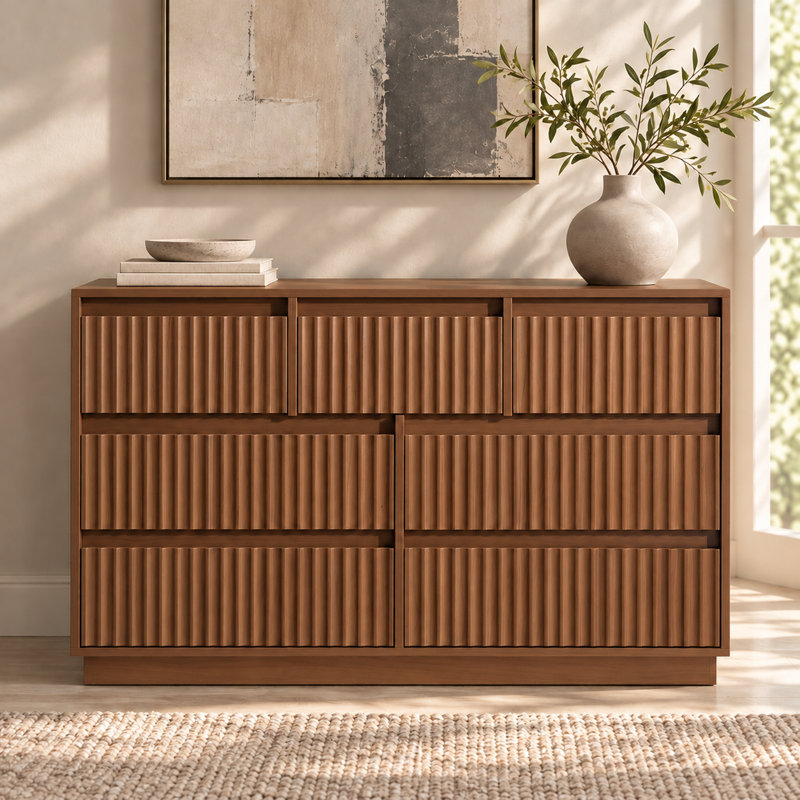 Stanton 47.2" W 7-Drawer Double Dresser with Waveform Fluted Panels, Brown