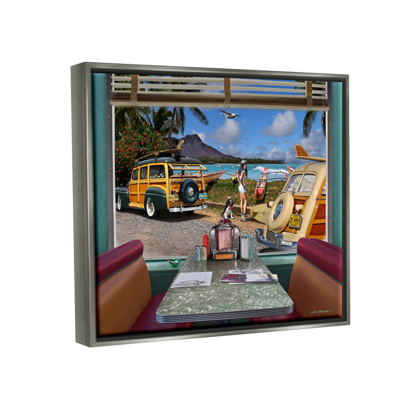 Diner rétro avec vue sur la plage, H 25 po x l 31 po x P 1,7 po, Cadre flottant gris lustré