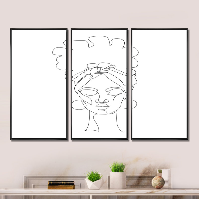«Black Woman Afro Portrait One Line Art», ensemble d'art mural sur toile Glam, H 20 po x l 36 po x P 1 po, Noir