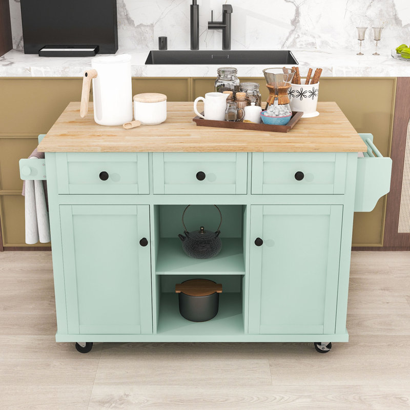 Modern Rolling Wooden Kitchen Cart with Storage Cabinets, Drawers and Drop-Leaf, Mint Green