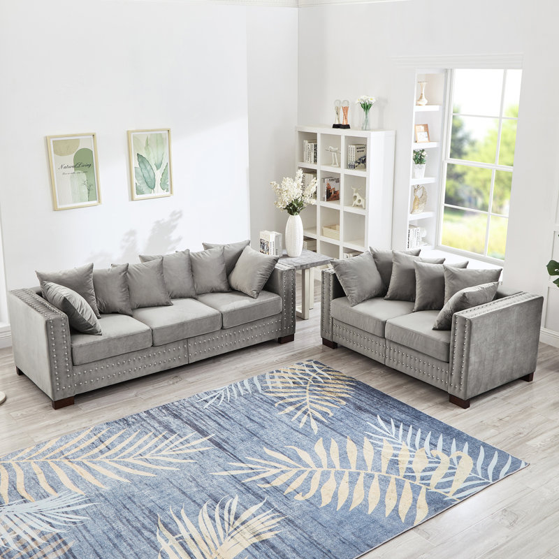 Canapé 2+3 places de style moderne en velours gris avec clous carrés argentés, coussins à ressorts haute élasticité confortables, housses lavables, espace de rangement, montage facile, pieds stables en bois massif 5 places.