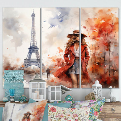 " Fashionista In Red Vintage Paris Watercolor II " 3 - Pieces Painting Print