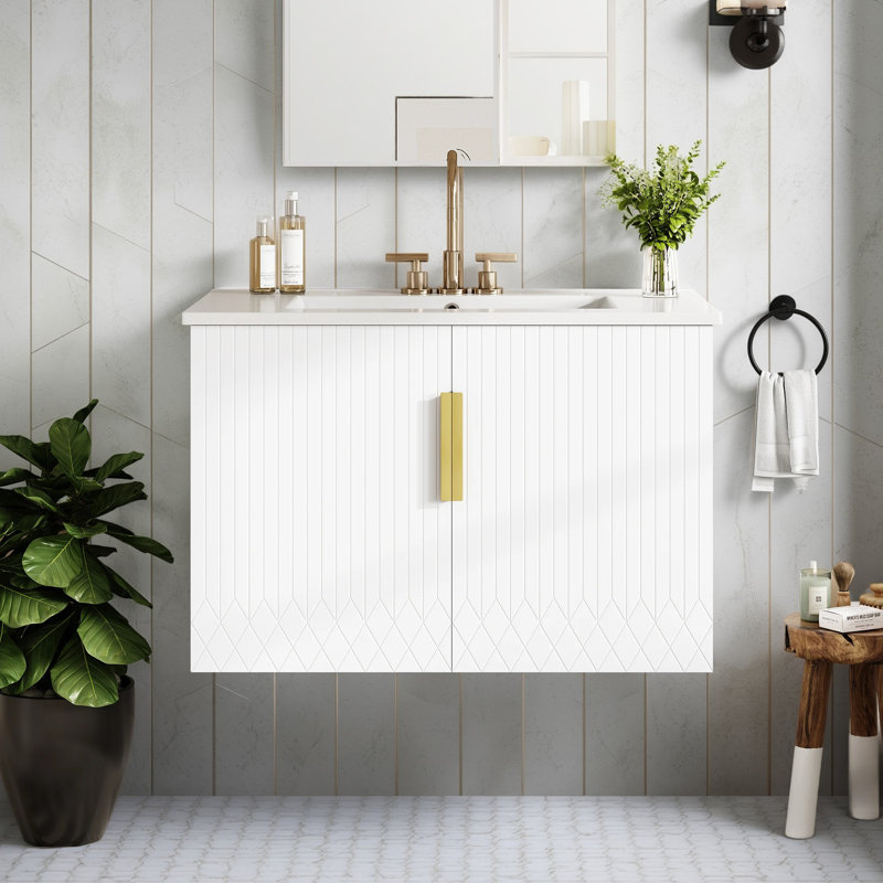 Meuble-lavabo vintage 30 po avec lavabo en céramique, portes à fermeture douce, conception à 3 trous, Blanc