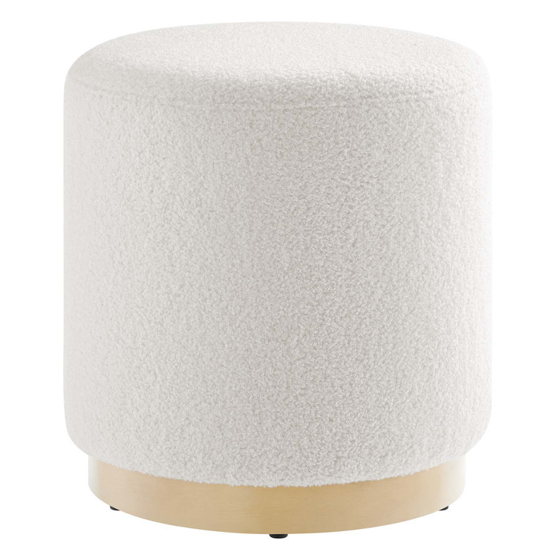 Ivory Sherpa Upholstered Round Ottoman with Rubberwood Base