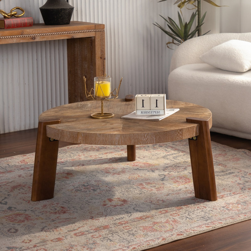 Table basse ronde à chevrons de 36,61 po - Table basse rustique en bois massif et panneau de fibres à densité moyenne avec pieds fuselés, finition en bois naturel vieilli pour le salon