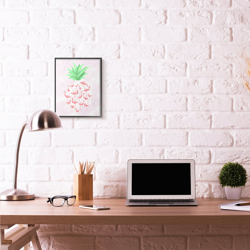 « flamant rose ananas animal rose design », impression, H 14 po x l 11 po, Giclée encadrée noir minuit