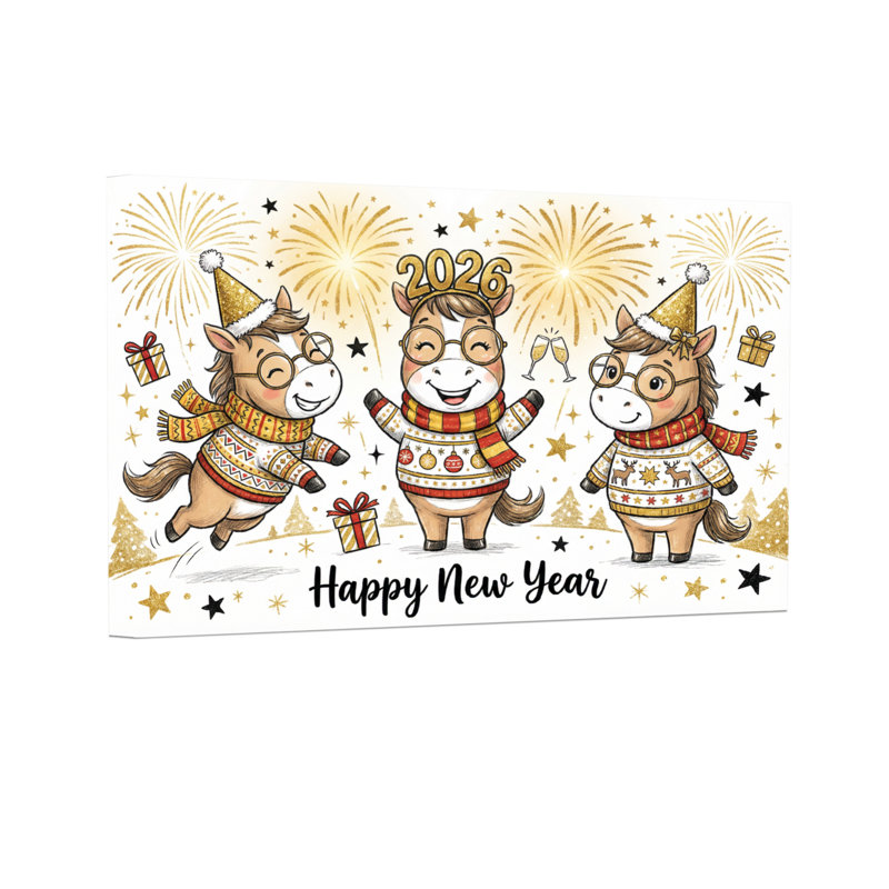 Animaux, chevaux mignons qui fêtent le Nouvel An avec des feux d'artifice, H 16 po x l 24 po