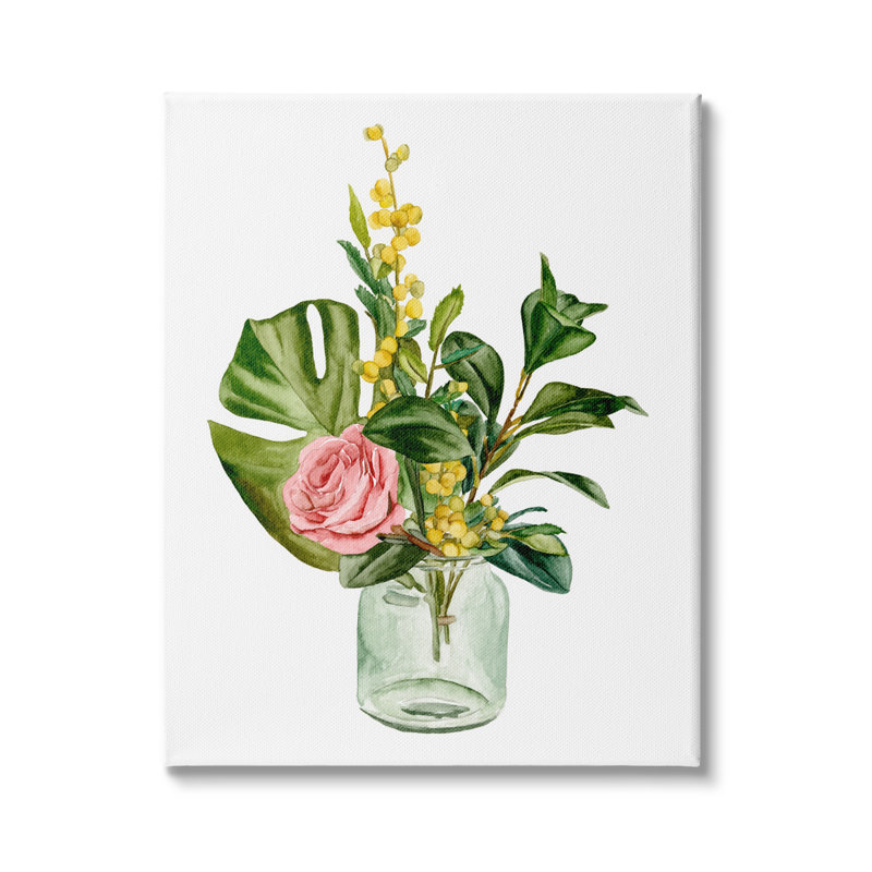 Aquarelle de pot de verre bouquet de roses roses et jaunes par Melissa Wang, H 40 po x l 30 po x P 1,5 po, Toile tendue