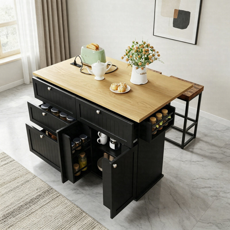 Farmhouse Kitchen Island With Drop Leaf & 2 Stools, Kitchen Table Set With Power Outlet, Storage Cabinet, Drawers, Spice Rack & Towel Bar