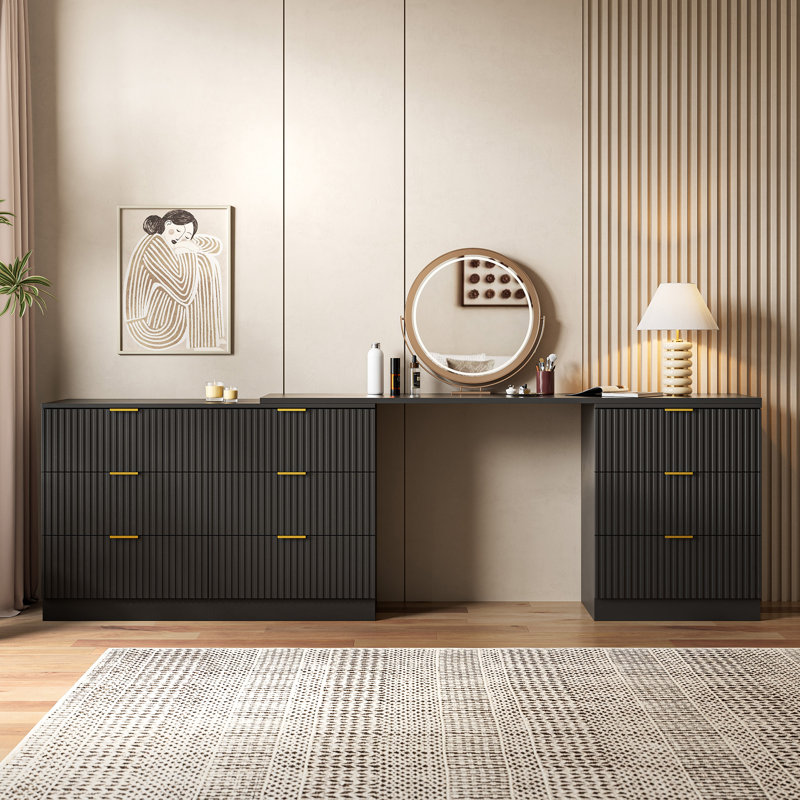 L-Shaped Home Office Desk, Extendable Dresser With 9 Drawers, Black