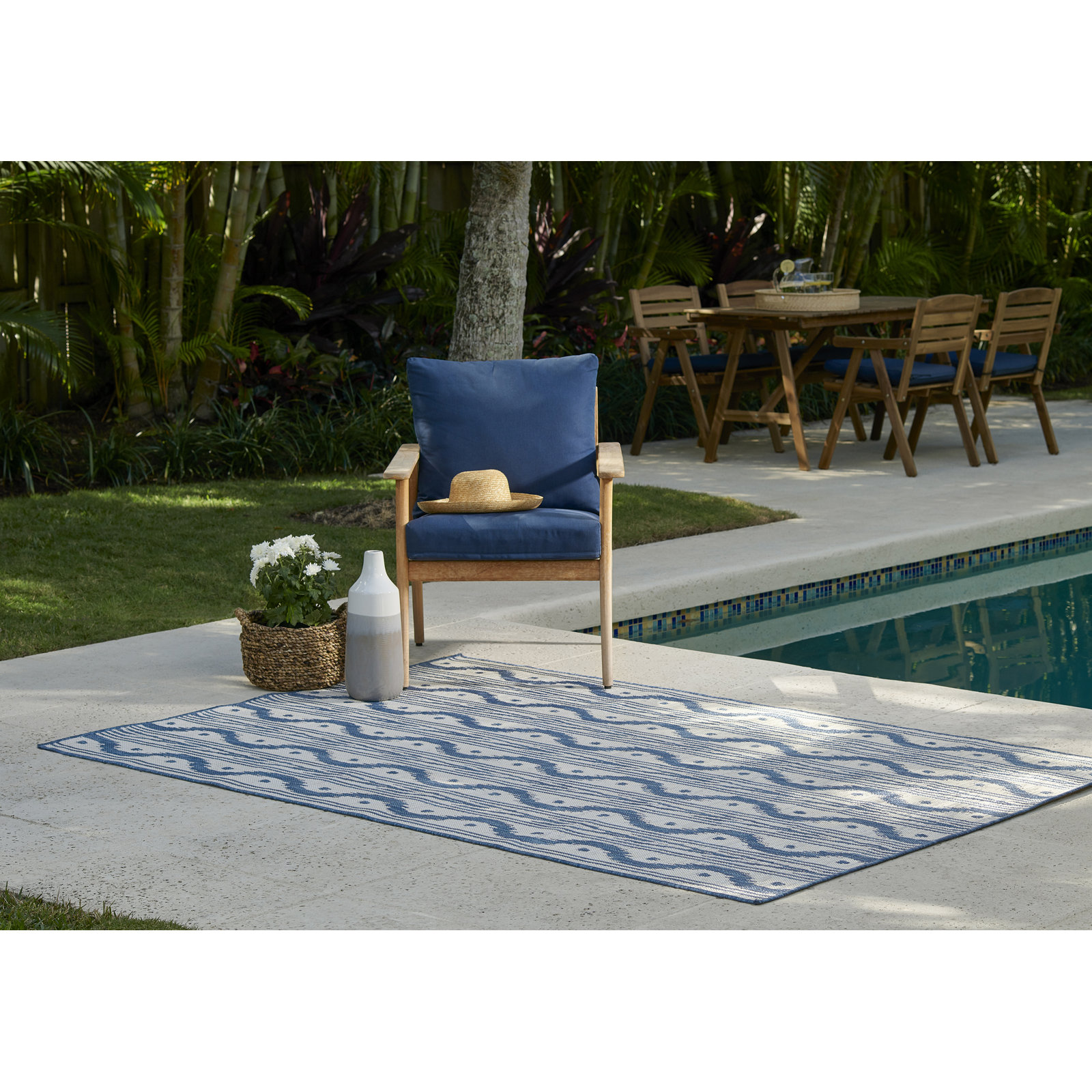 Karini Blue White Ikat Outdoor Rug, Rectangle 5'3" x 7'