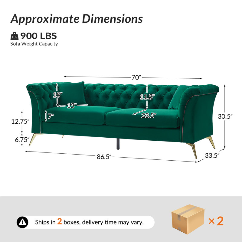 Zahira 86.5" Velvet Tufted Button Flared Arm Sofa with Gold Metal Legs, Green