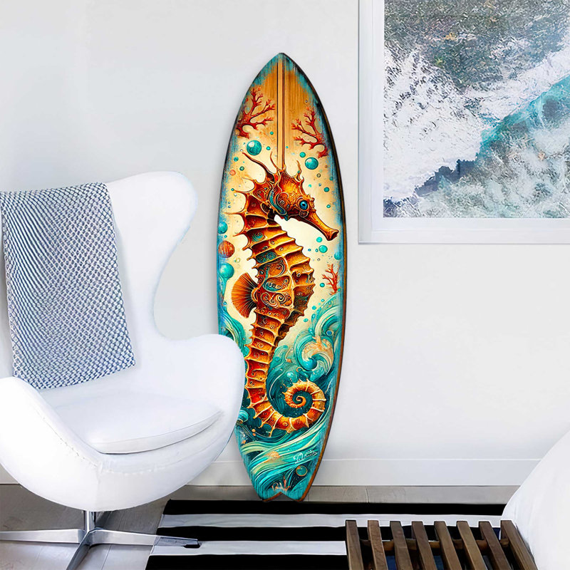 Art mural de planche de surf de bord de mer hippocampe - décor océan en bois fabriqué à la main par g. Debrekht - Accent intérieur et extérieur de maison de plage