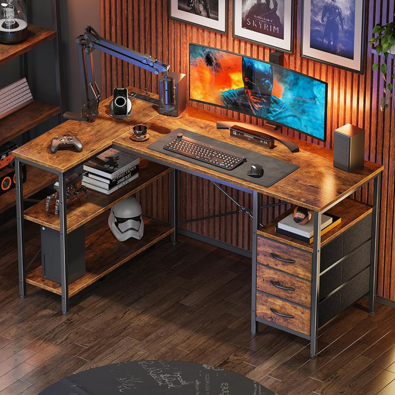 Bureau en L avec prises de courant, bureau d'ordinateur avec 3 tiroirs et tablettes de rangement pour le bureau personnel, les jeux et le bureau - noir