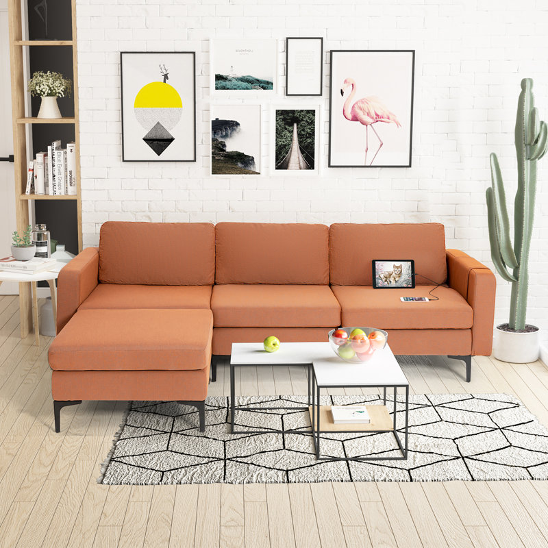 Boose 94.5" Wide Linen Left Hand Facing Modular Sofa & Chaise with Ottoman, Orange Linen