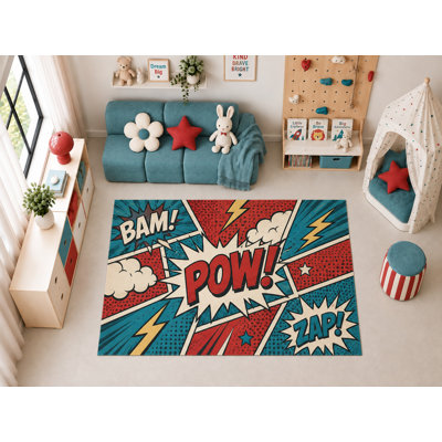 Tapis d'intérieur ultramince 152 x 213 cm (5' x 7') à motif rétro BD « Pow Zap », idéal pour chambre d'enfant, garderie, salle de classe ou salle de jeux. Doux et à poils courts, avec revêtement antidérapant en silicone.