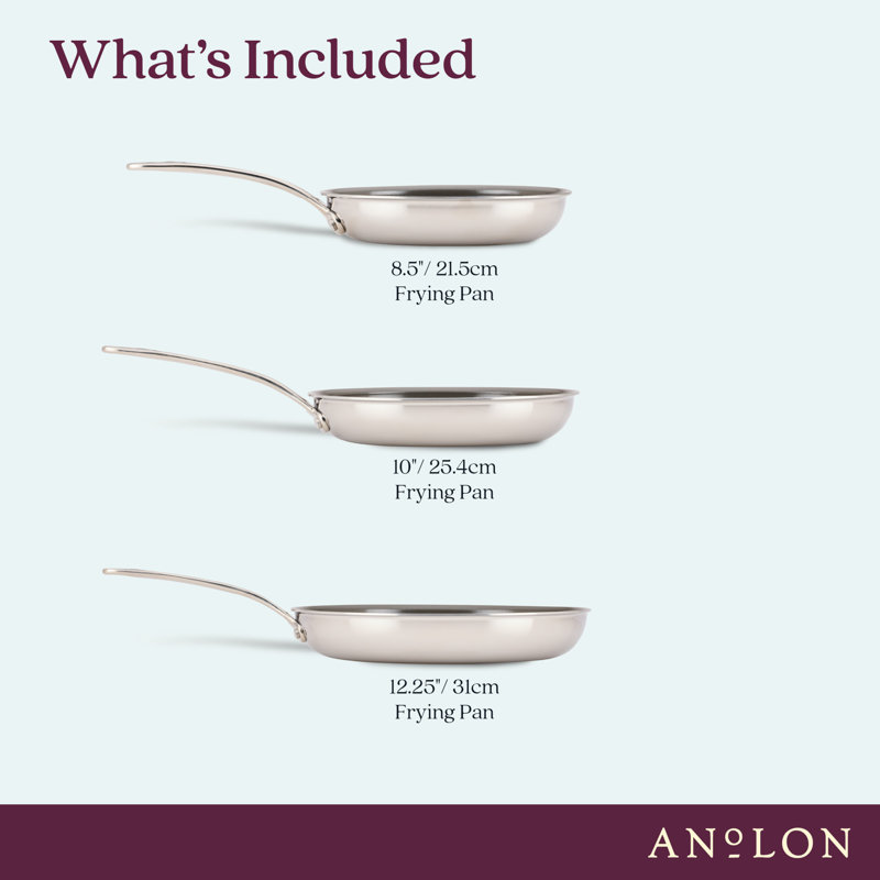 Anolon Everlast Ceramic Nonstick Frying Pan Set, Clad Induction Cookware, 8.5", 10" And 12.25", Stainless Steel