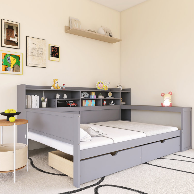 Lit de jour en bois avec tablettes de rangement, lit multifonctionnel avec deux tiroirs de rangement et bureau d'étude, Gris