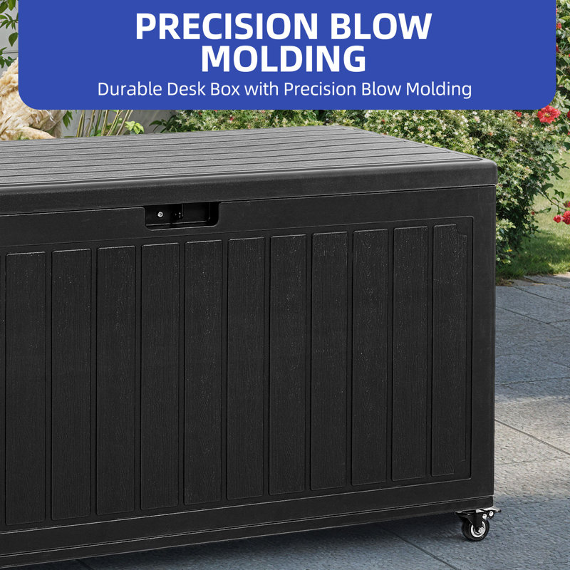 Boîte de rangement en résine noire 90 gallons avec six roulettes, couvercle verrouillable et double paroi
