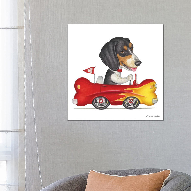 Beagle Flaming Bone Car by Danny Gordon - Print on Canvas, 45.72 cm H x 45.72 cm W, No Frame
