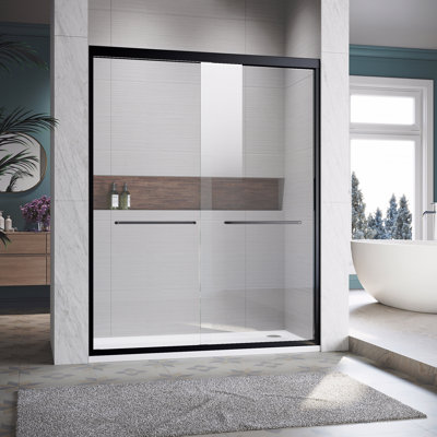 Porte de douche coulissante en verre à ouverture coulissante de l 44 à 48 po x H 72 po, porte de douche réglable sans cadre - verre trempé transparent épais et certifié, poignées en acier inoxydable 304