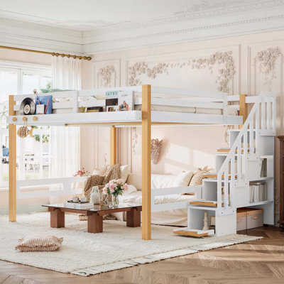 Grand lit mezzanine avec crochet à vêtements et tablettes de rangement, cadre en bois pour les livres et amplement d'espace sous le lit, blanc et naturel