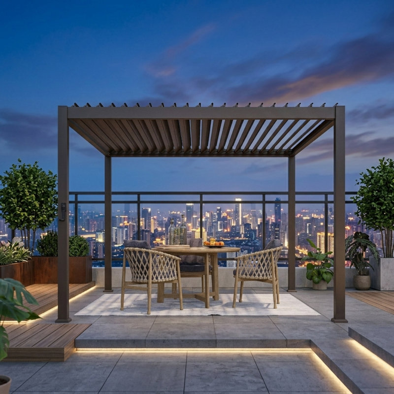 10 pi. X 10 pi Pergola à persiennes en aluminium avec toit réglable brun foncé, 94.9" H x 118.1" W x 118.1" D