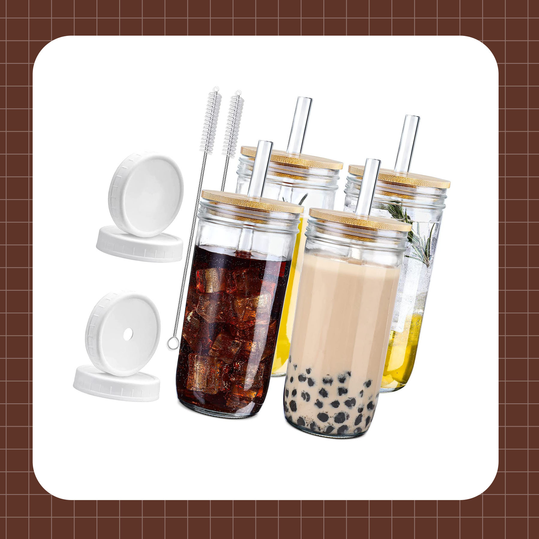 24 Oz Glass Tumbler with Straw and Bamboo Lid,Iced Coffee Cup Tumbler with  Silic