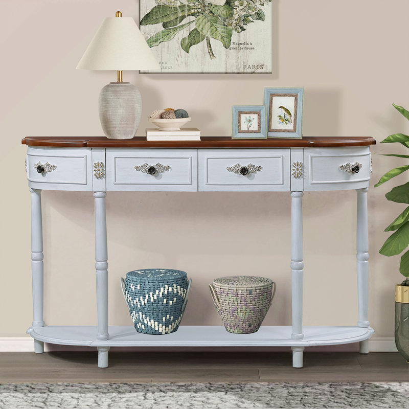 Retro Curved Wood Console Table, 52 Inch Circular Half Moon Sofa Table With Open Shelf And 2 Drawers, Solid Wood Entry Table For Living Room, Hallway