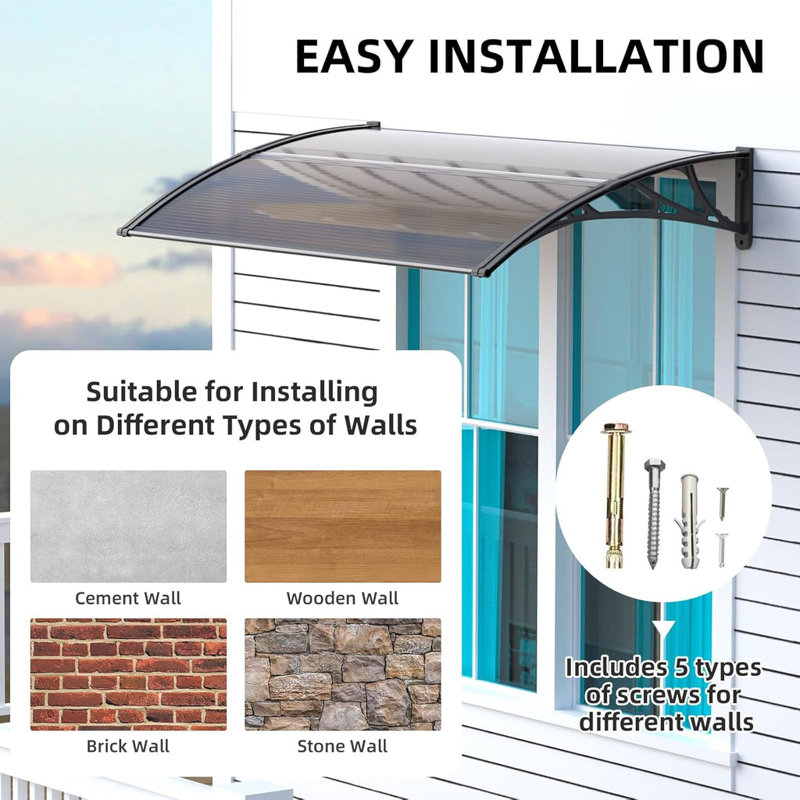 Window Awning Door Canopy Brown Polycarbonate Hollow Sheet with Black ABS Bracket Overhang Exterior Awning for Door Entrance,Patio