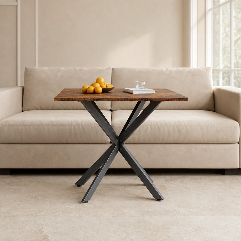 Table d'appoint carrée avec support en métal en X et plateau de table texturé grain de bois, table de bout industrielle polyvalente