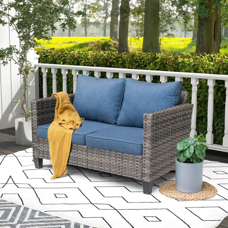 Causeuse d'extérieur en osier / rotin avec coussins Lovall, Bleu denim