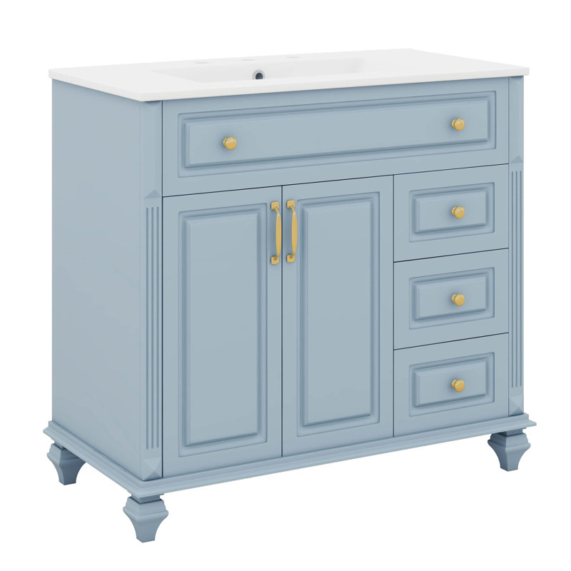 Ensemble de meuble-lavabo sur pied 36 po avec lavabo 36 po, 3 tiroirs et 2 portes, Bleu gris