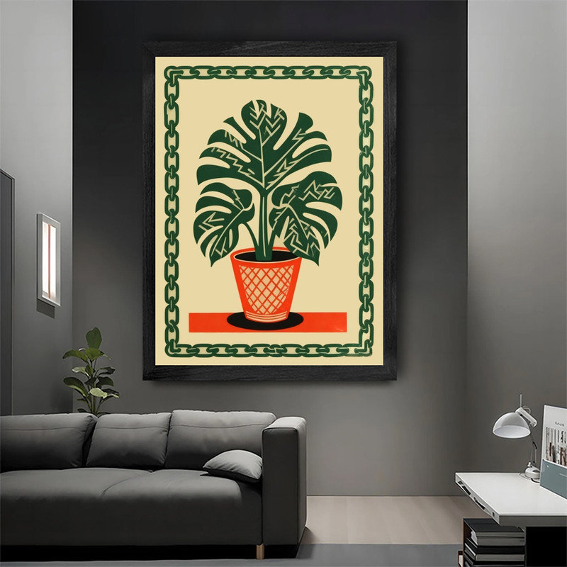 Reproduction botanique rétro encadrée noire Mid-Century, H 17 po x l 13 po