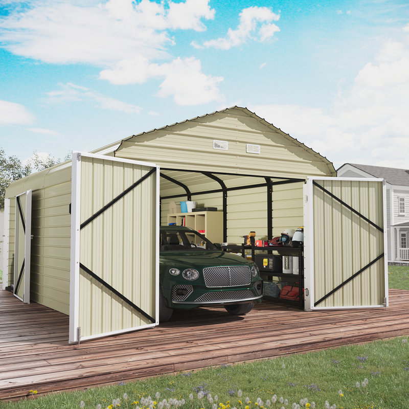 12x20 Ft Heavy Duty Carport, Galvanized Steel Frame Car Shelter With Reinforced Base, Enclosed Storage Shed For Cars & Trucks, Beige
