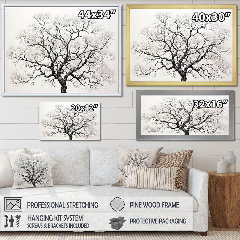 Minimalism Black And White Trees Oak On Canvas Print, 34" H x 44" W x 1.5" D, Wrapped Canvas