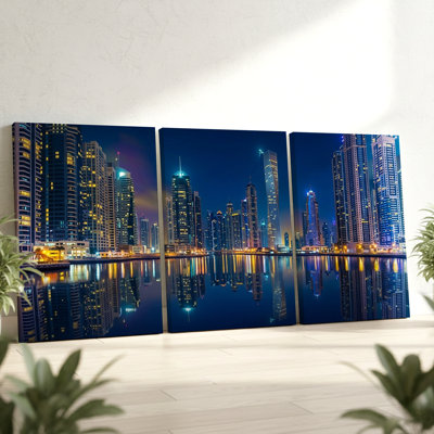 Ensemble de 3 pièces d'art urbain grand paysage urbain avec reflet de lumières urbaines, trois pièces d'art mural pour le salon, la chambre à coucher, le bureau et la maison